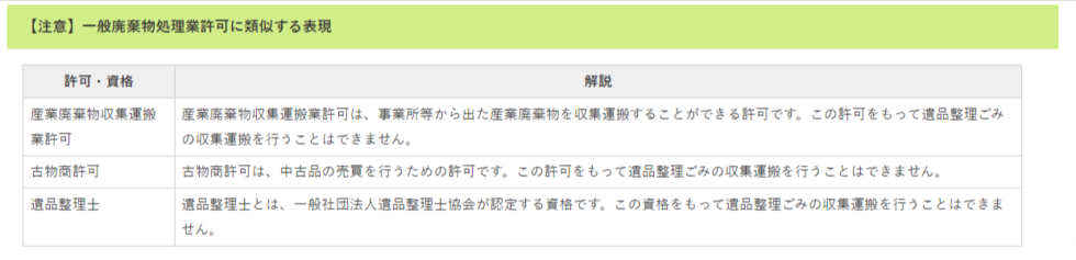 注意。一般廃棄物処理業許可に類似する表現
